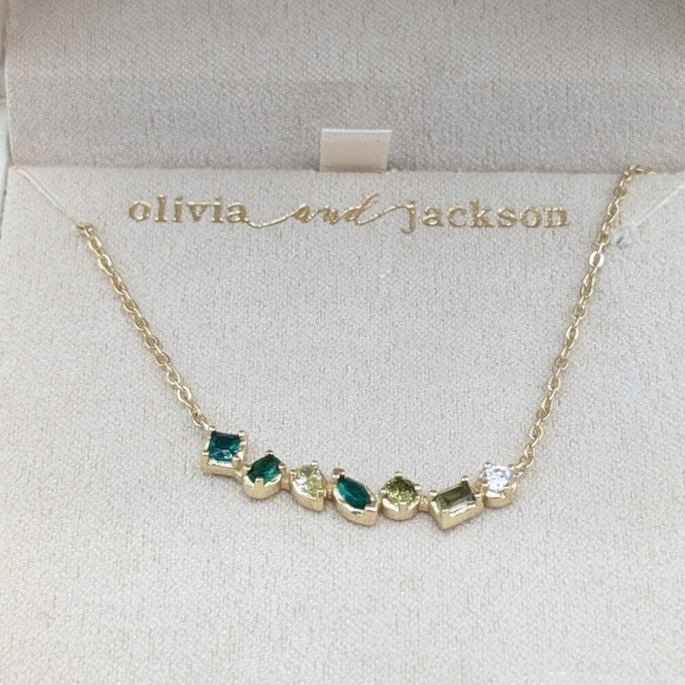 Olivia and Jackson Sterling Silver Green Clear CZ 16"-18" Gold Tone Necklace NWT